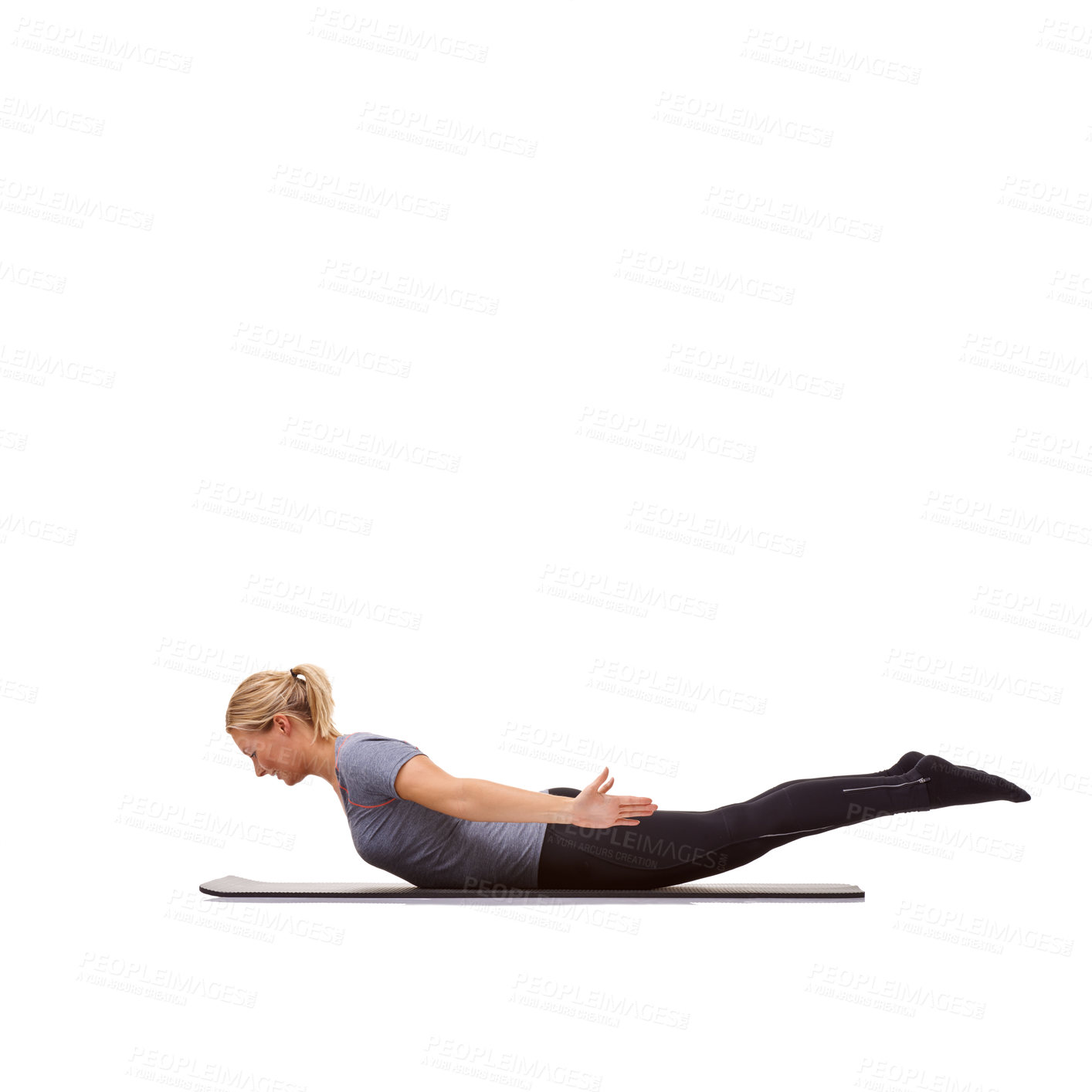 Buy stock photo Woman, back extension and fitness for workout, flexible body or strong core in studio on mockup white background. Yoga, profile and healthy lady balance on floor for agile training of locust exercise