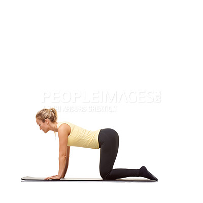 Buy stock photo Woman, fitness and mat in studio for stretching, pilates or workout for healthy body, wellness or core muscle. Person, exercise or yoga on floor for abdomen health on mockup space or white background