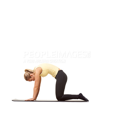 Buy stock photo Woman, yoga and cat pose in studio for fitness, body workout or stretching exercise on mockup white background. Profile, healthy lady and bend back for strong core, spine extension or training on mat