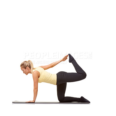 Buy stock photo Woman, fitness and mat in studio for stretching, pilates or workout for healthy body, wellness or core muscle. Person, exercise or yoga on floor for abdomen health on mockup space or white background