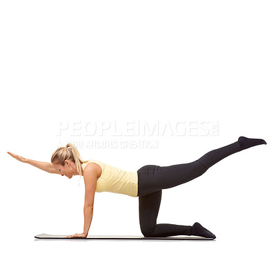 Buy stock photo Woman, back extension and balance on floor in studio for exercise, workout or stretching body on mockup white background. Yoga, profile and healthy training with strong core, fitness or bird dog pose