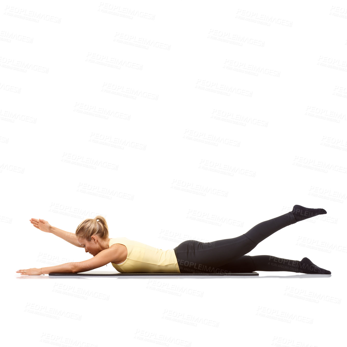 Buy stock photo Woman, fitness and mat in studio for stretching, pilates or workout for healthy body, wellness or core muscle. Person, exercise or yoga on floor for abdomen health on mockup space or white background