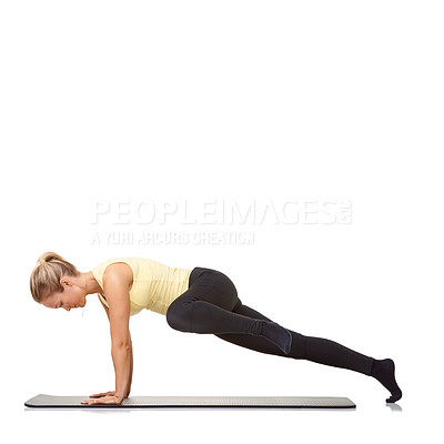 Buy stock photo Woman, pilates and mat in studio for push ups, fitness or workout for healthy body, wellness or core muscle. Person, exercise or yoga on floor for abdomen health on mockup space or white background