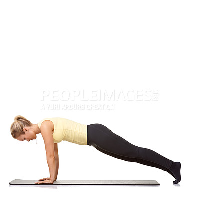 Buy stock photo Woman, push up and fitness in studio for exercise, workout and stretching body on mockup white background. Profile of healthy lady balance on a mat for strong core, training and challenge on floor 