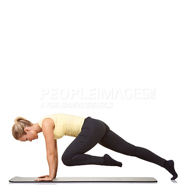 Buy stock photo Woman, mountain climber and fitness on mat for exercise, workout or cardio challenge in studio on mockup white background. Profile of healthy lady training for strong core, wellness or plank on floor