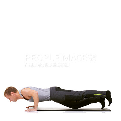 Buy stock photo Man, workout or mat in studio for stretching, fitness or exercise for healthy body, wellness or core muscle. Person, balance or training on floor or abdomen health on mockup space or white background