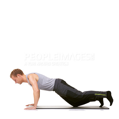 Buy stock photo Strong, man and fitness of push up exercise on knee for workout in studio on mockup white background. Profile of healthy guy training on mat for core muscles, balance and plank challenge on floor 
