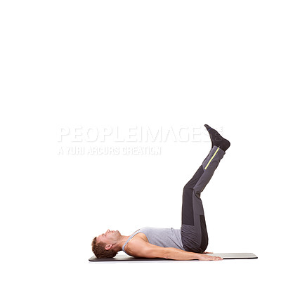 Buy stock photo Man, exercise or mat in studio for stretching, fitness or workout for healthy body, wellness or core muscle. Person, balance or training on floor or abdomen health on mockup space or white background