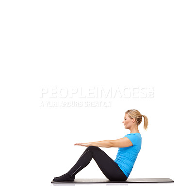 Buy stock photo Woman, crunches or mat in studio for stretching, fitness or workout for healthy body, wellness or core muscle. Person, exercise or yoga on floor for abdomen health on mockup space or white background