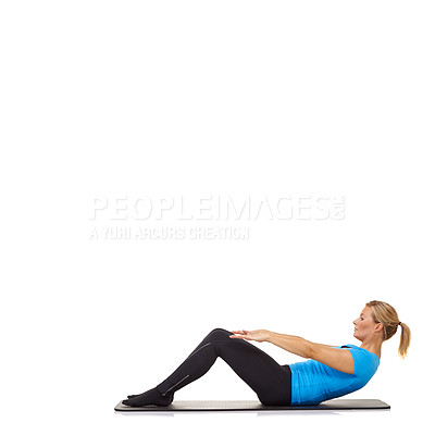 Buy stock photo Woman, crunches or mat in studio for fitness, stretching or workout for healthy body, wellness or core muscle. Person, exercise or yoga on floor for abdomen health on mockup space or white background