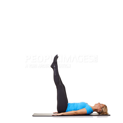 Buy stock photo Woman, pilates and mat in studio for stretching leg, fitness or workout for healthy body, wellness and core muscle. Person, exercise and yoga on floor for kegel health on mock up or white background