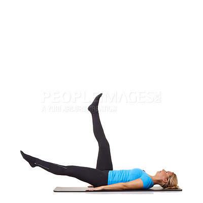 Buy stock photo Woman, pilates and mat in studio for stretching, fitness or workout for healthy body, wellness or core muscle. Person, exercise or yoga on floor for health on mock up space or white background