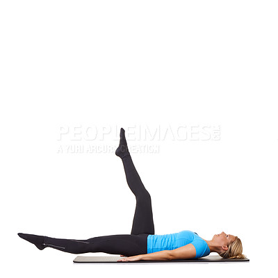Buy stock photo Woman, yoga and mat in studio for stretching legs, fitness or workout for healthy body, wellness or core muscle. Person, exercise or pilates on floor for abdomen on mockup space or white background