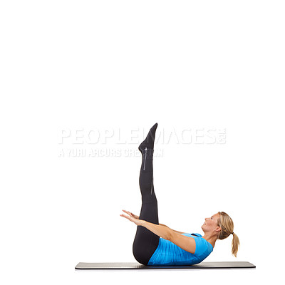 Buy stock photo Woman, yoga and mat in studio for stretching, fitness or workout for healthy body, wellness or core muscle. Person, exercise or pilates on floor for abdomen health on mockup space or white background