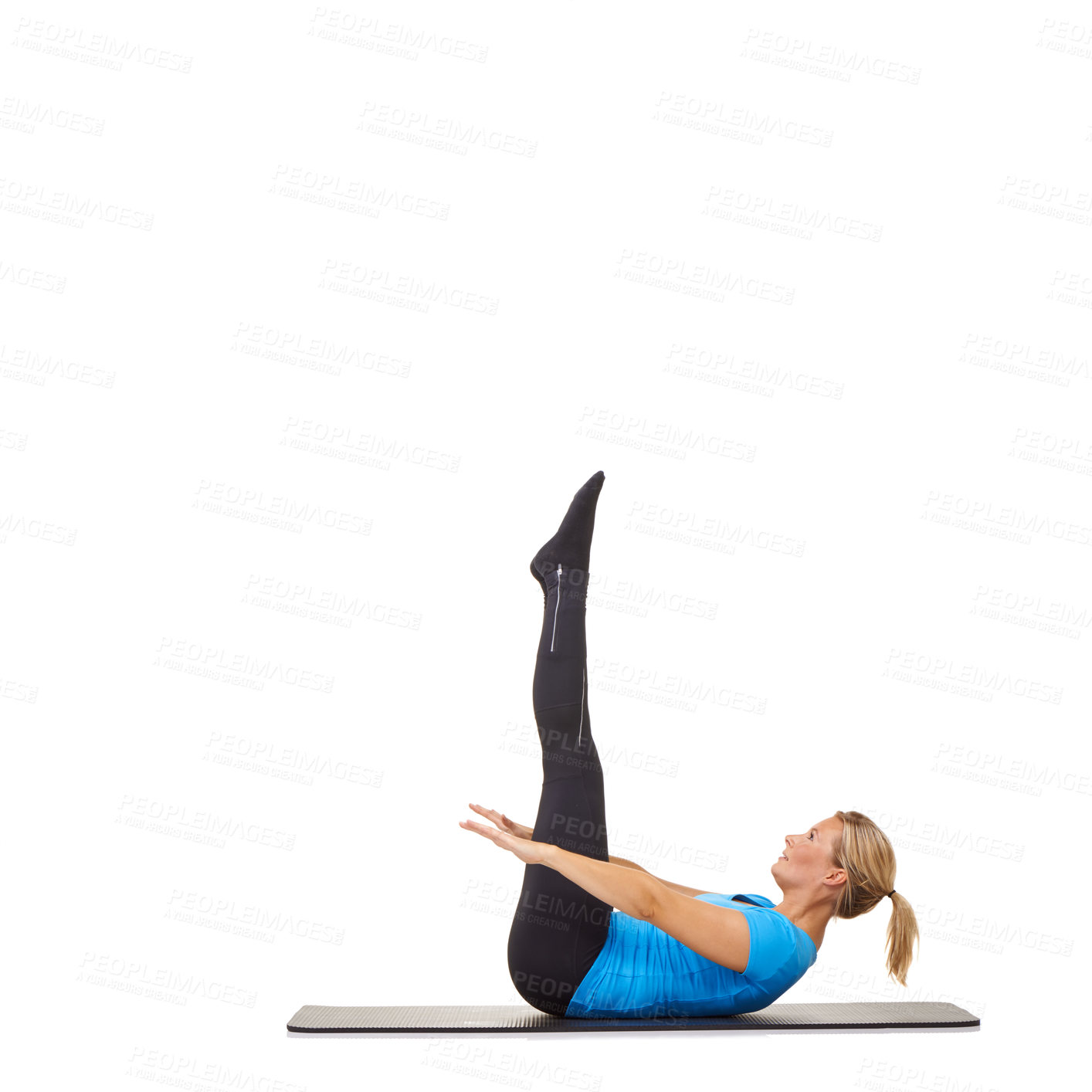 Buy stock photo Woman, yoga and mat in studio for stretching, fitness or workout for healthy body, wellness or core muscle. Person, exercise or pilates on floor for abdomen health on mockup space or white background