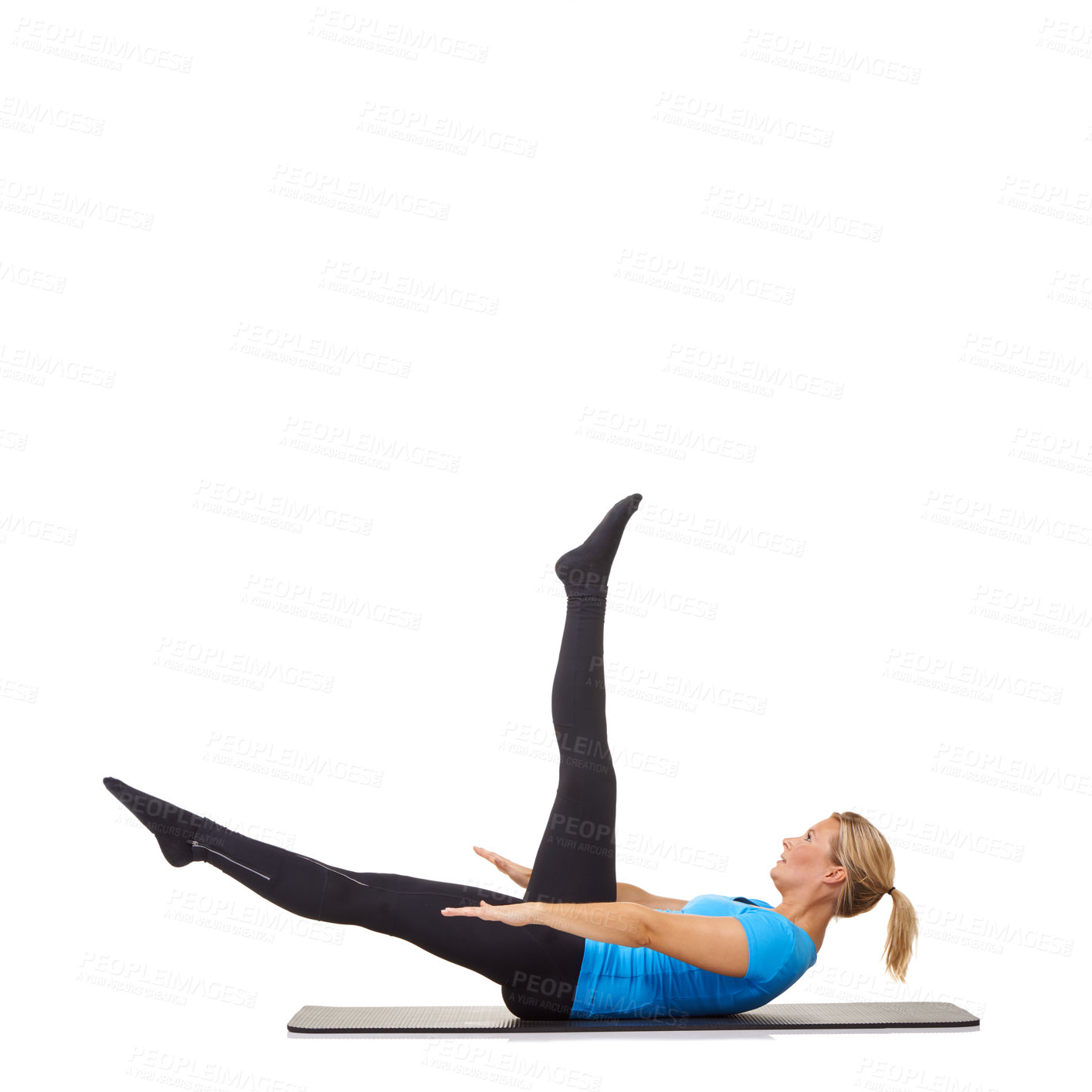 Buy stock photo Woman, pilates and mat in studio for stretching legs, fitness or workout for healthy body, wellness or core muscle. Person, exercise or yoga on floor for abdomen on mockup space or white background