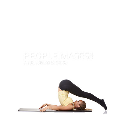 Buy stock photo Woman, pilates and mat in studio for stretching, fitness or workout for healthy body, wellness or core muscle. Person, exercise or yoga on floor for abdomen health on mockup space or white background