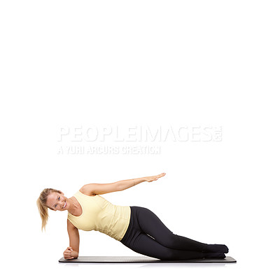 Buy stock photo Woman, pilates or mat in studio for stretching, fitness or workout for healthy body, wellness or core muscle. Person, portrait or happy on floor for abdomen health on mockup space or white background
