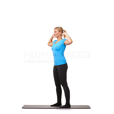 Buy stock photo Yoga, health and training with woman in studio for stretching, exercise and wellness. Workout, fitness and self care with female person on floor of white background for pilates, body and mockup space