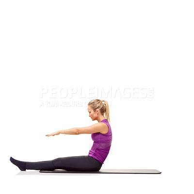 Buy stock photo Woman, stretching or exercise on mat in studio for fitness, workout or healthy body and mock up space. Person, training and wellness for abdomen muscle or core strength on floor with white background