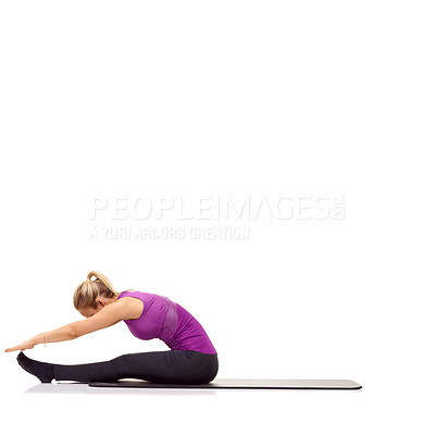 Buy stock photo Woman, stretching or fitness on mat in studio for exercise, workout or healthy body with mock up space. Person, training or wellness for abdomen muscle or core strength and yoga with white background