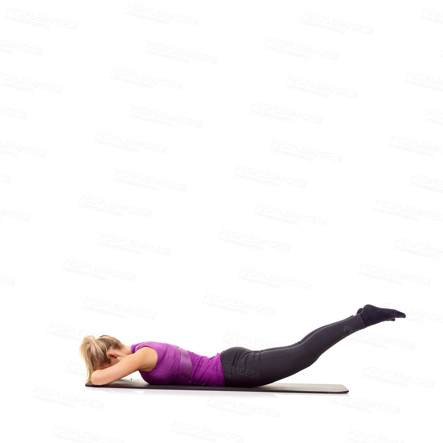 Buy stock photo Woman, legs and glutes on yoga mat in studio for pilates performance, mockup space or white background. Female person, stretching and wellness progress exercise for training, challenge or healthy
