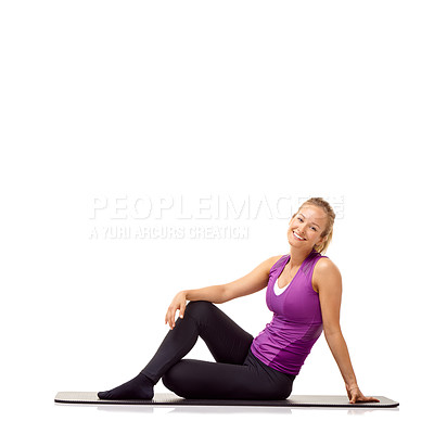 Buy stock photo Exercise, woman and portrait on floor in studio for fitness, healthy workout or smile isolated on white background. Wellness, power and happy lady on mat for yoga, strong body or rest at mockup space