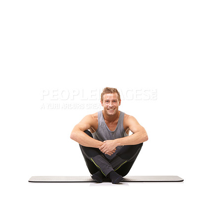 Buy stock photo Man, fitness or happy portrait on floor in studio for healthy body, muscle or training isolated on white background. Wellness, workout or strong model smile on mat for exercise, power or mockup space