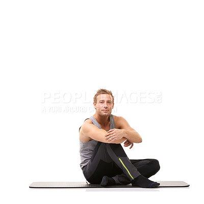 Buy stock photo Man, fitness and portrait on exercise mat of studio for healthy sports coaching isolated on white background. Wellness, workout and personal trainer on floor for strong body, muscle and mockup space 