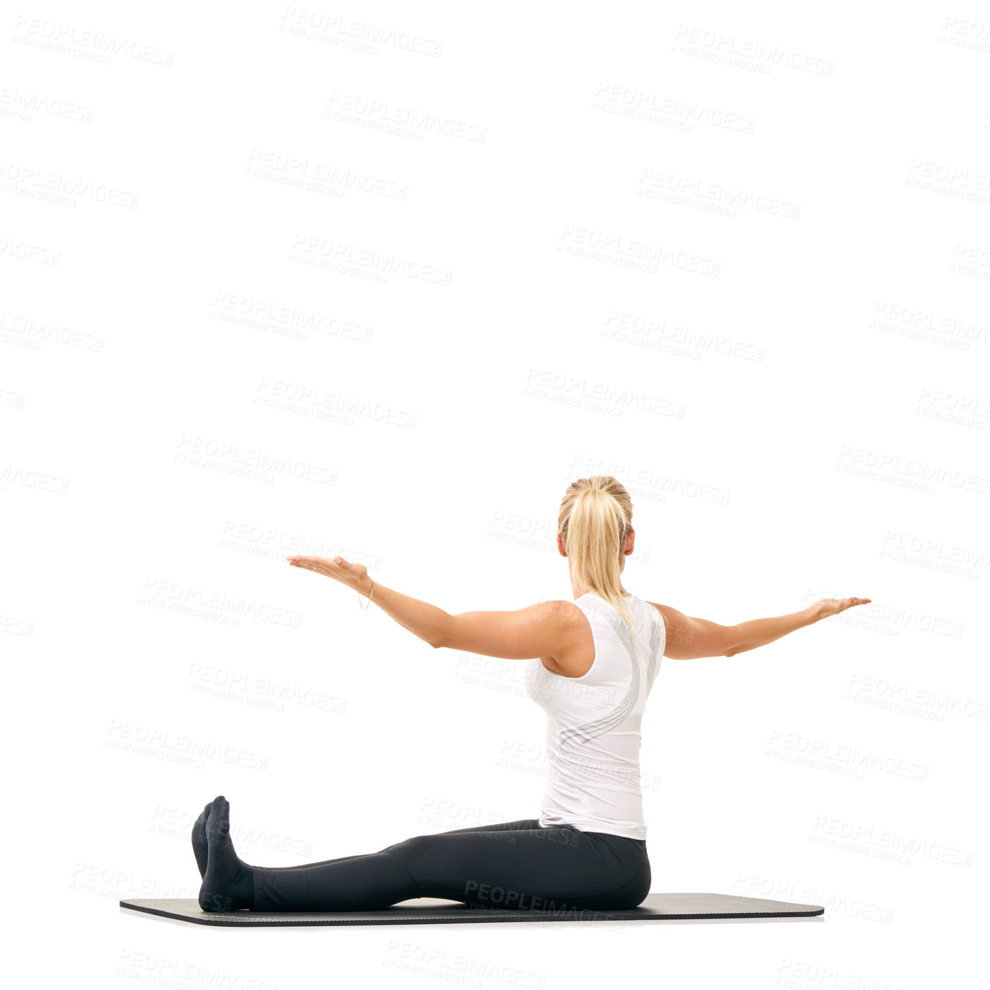 Buy stock photo Yoga, workout and relax with woman in studio for stretching, exercise and wellness. Health, fitness and self care with female person on floor of white background for pilates, body and mockup space