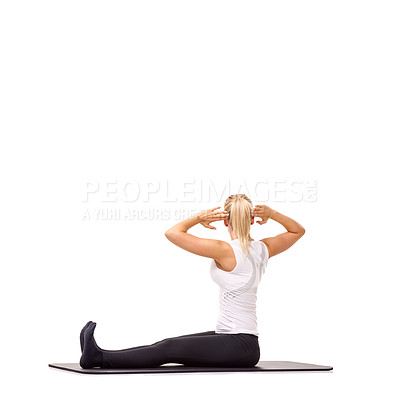 Buy stock photo Training, health and mat with woman in studio for stretching, exercise and wellness. Workout, fitness and self care with female person on floor of white background for pilates, body and mockup space