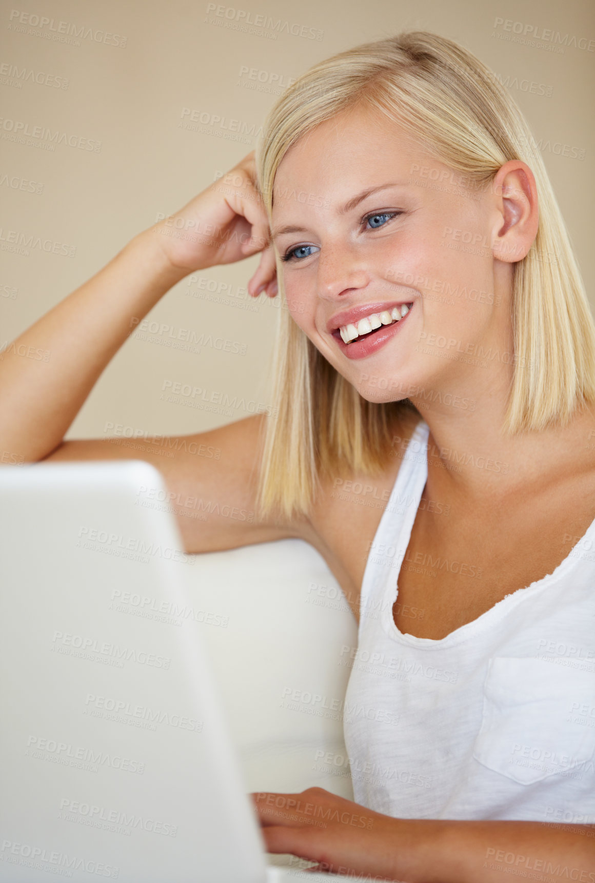 Buy stock photo Relax, laptop and happy woman on a sofa with social media, streaming or website scroll in her home. Tech, movies and female person online in living room chilling with subscription service in a house