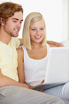 Buy stock photo Love, laptop and couple relax on sofa with social media, movies or streaming at home together. Online shopping, search and people in living room checking website for ecommerce deal for December sale