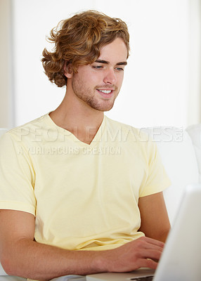 Buy stock photo Laptop, search and happy man on sofa for remote work research, planning or web communication at home. Tech, freelance or male entrepreneur online in living room with social media, chat or streaming 
