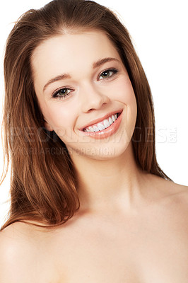 Buy stock photo Skincare, natural beauty and portrait of happy woman with luxury skin, makeup and confidence in studio. Dermatology, cosmetics and facial care for model girl with smile isolated on white background.