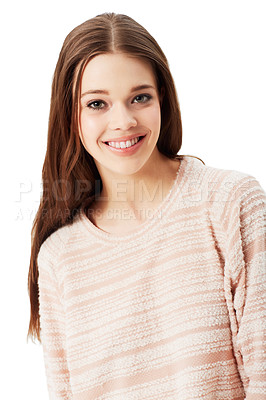 Buy stock photo Studio portrait of an attractive young woman wearing a soft pink jersey