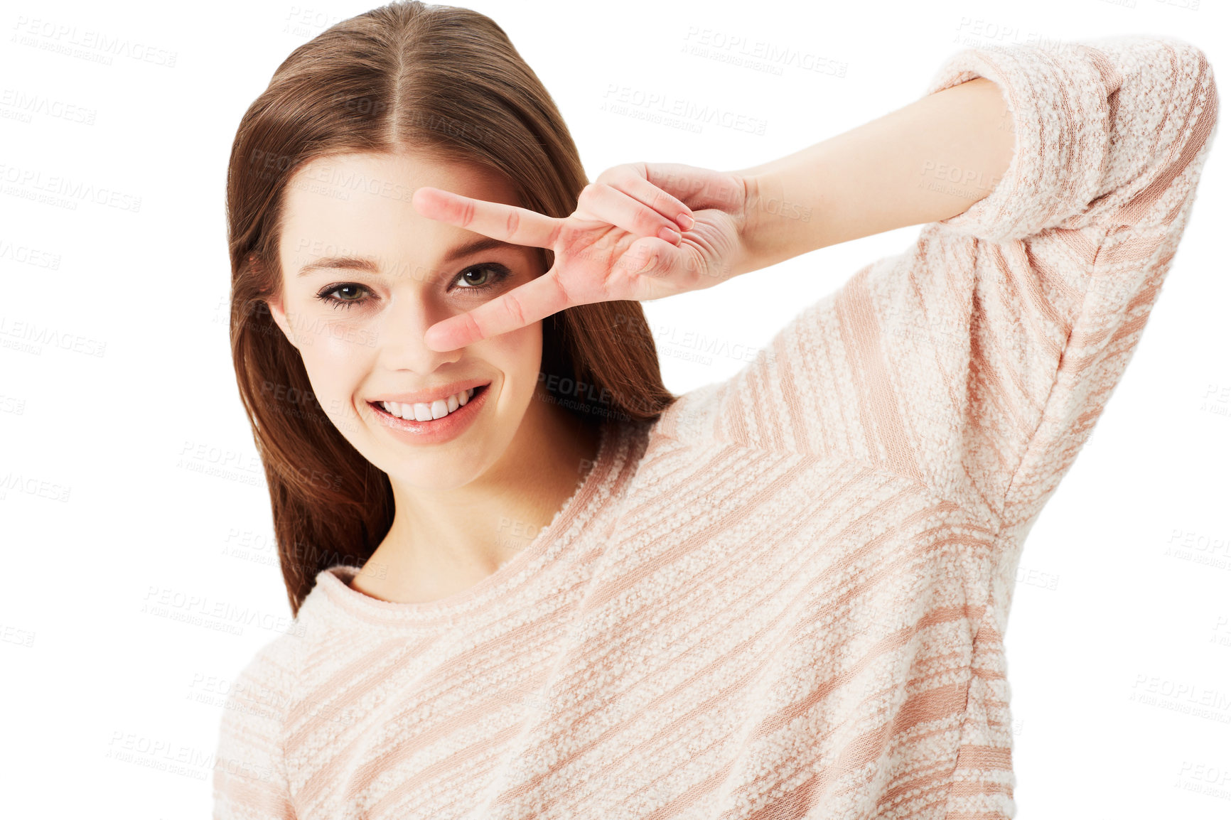 Buy stock photo Studio shot of an attractive young woman showing the peace sign