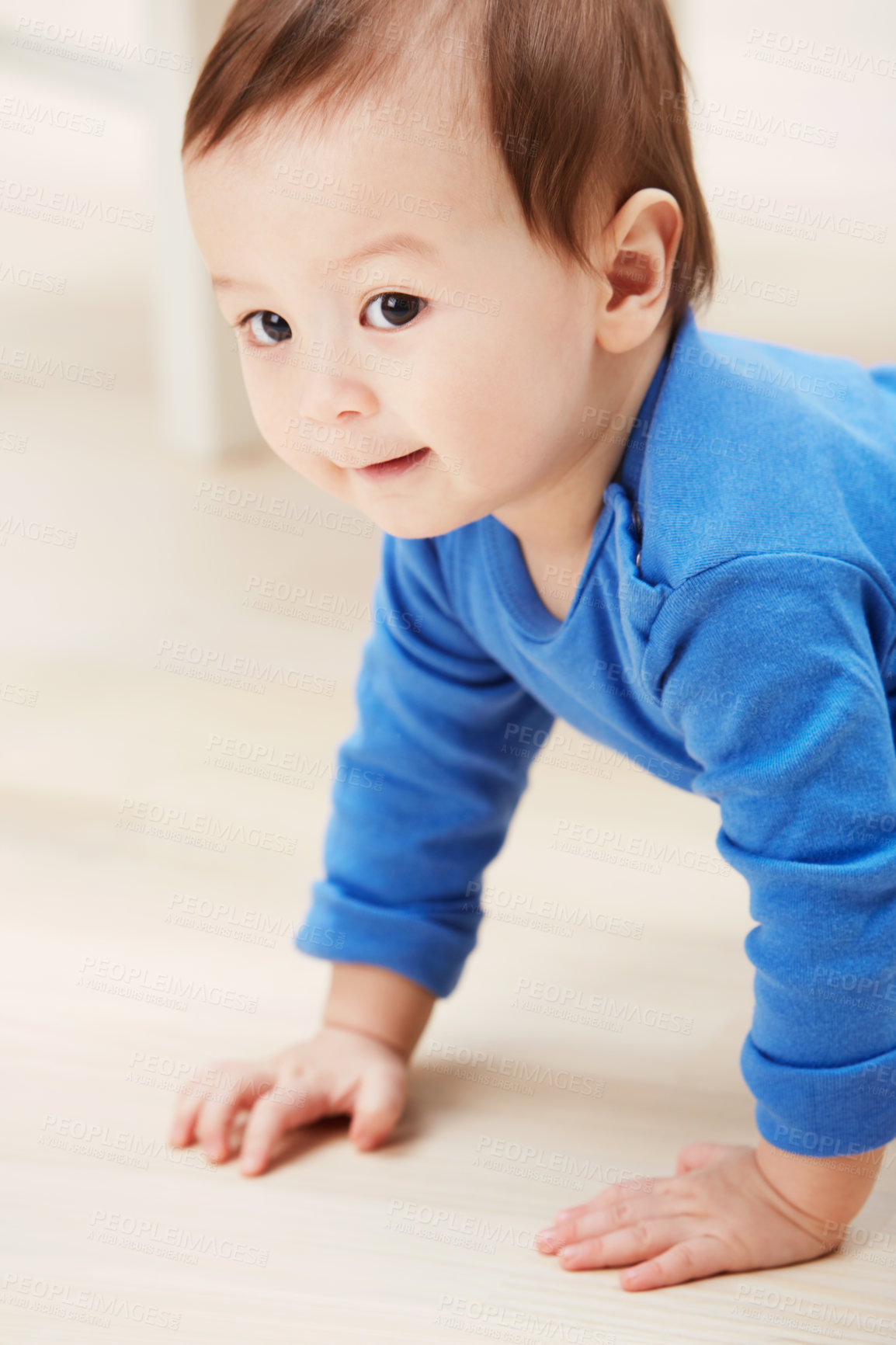 Buy stock photo Cute, crawling and smile with baby on floor for child development, learning and youth. Young, curious and adorable with infant kid on ground of family home for growth, progress and first steps