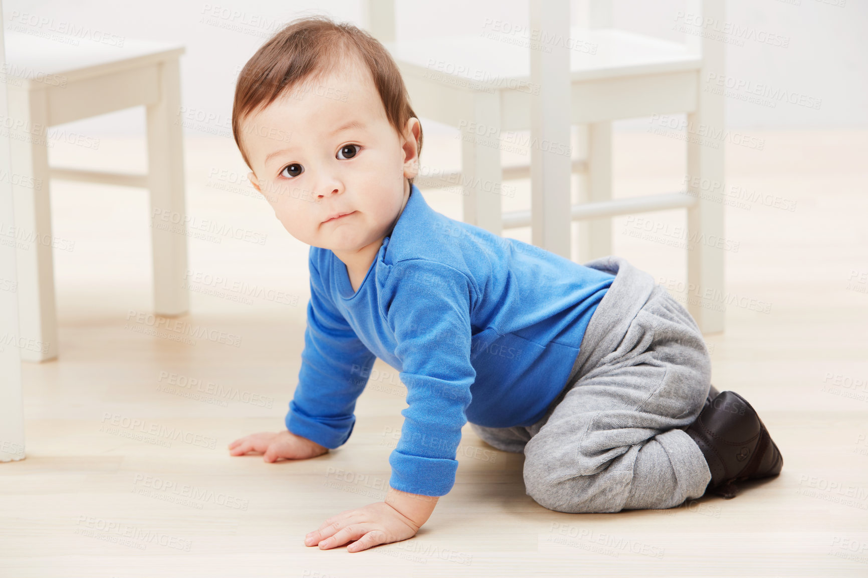 Buy stock photo Cute, crawling and portrait of baby on floor for child development, learning and youth. Young, curious and adorable with infant kid on ground of family home for growth, progress and milestone