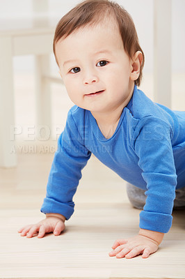 Buy stock photo Playful, crawling and portrait of baby on floor for child development, learning and youth. Young, curious and adorable with infant kid on ground of family home for growth, progress and milestone