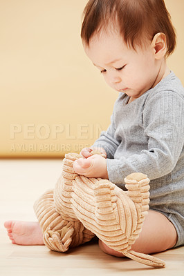 Buy stock photo Baby, stuffed animal and playing in home for comfort care, childhood development or game entertainment. Kid, toy teddy and learning in apartment for education progress, coordination, growth or youth