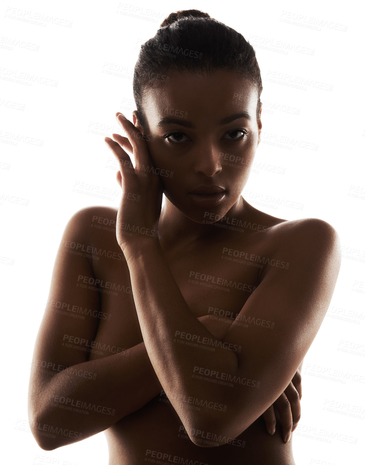 Buy stock photo Graceful nude woman posing against a white background