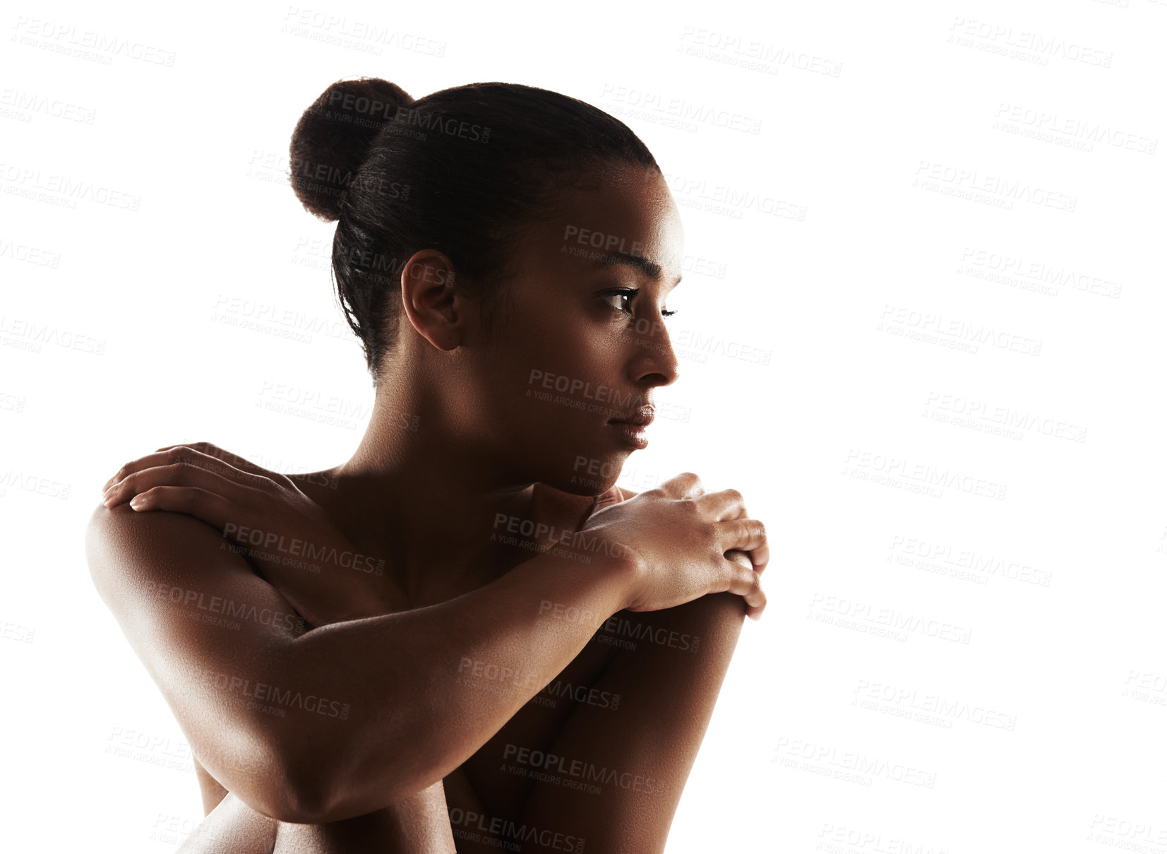 Buy stock photo Graceful nude woman posing against a white background