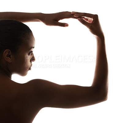 Buy stock photo Graceful nude woman posing against a white background