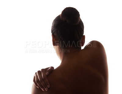 Buy stock photo Woman, nudity and naked body with back, figure and sexy for artistic, beauty and white studio background. Model, creative and female person with skin, bare or standing with touch, posing or beautiful