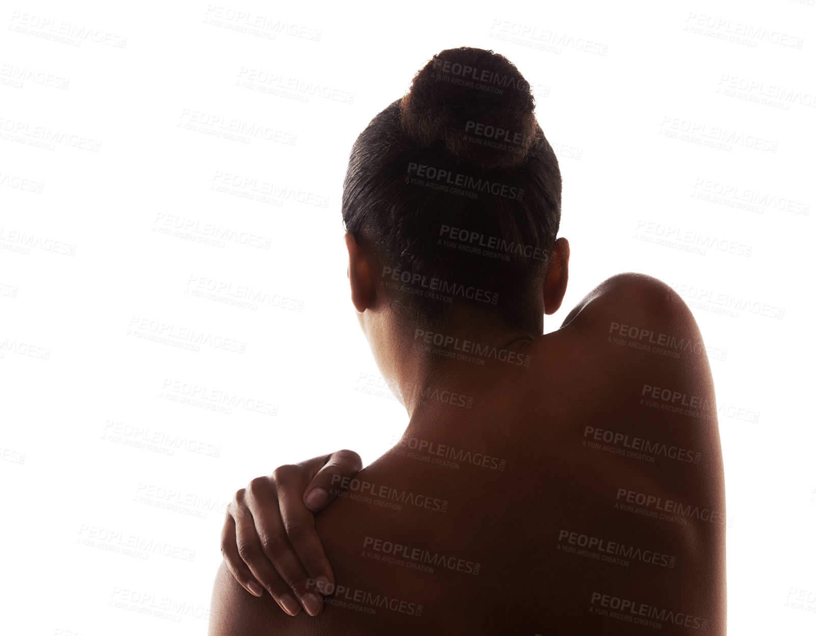 Buy stock photo Woman, nudity and naked body with back, figure and sexy for artistic, beauty and white studio background. Model, creative and female person with skin, bare or standing with touch, posing or beautiful