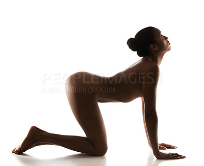 Buy stock photo Elegant nude woman posing against a white background