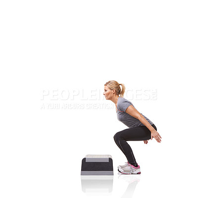 Buy stock photo Exercise, woman and aerobics with health, training and wellness isolated on a white studio background. Person, girl and model with steps, fitness and workout with cardio, healthy and mockup space
