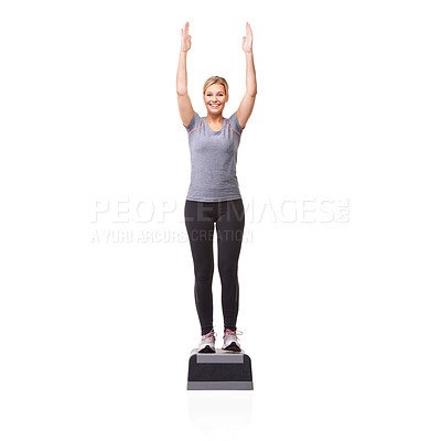 Buy stock photo Exercise, woman and aerobics with balance, portrait and wellness isolated on a white studio background. Person, girl and model with steps, fitness and training with cardio, routine and mockup space