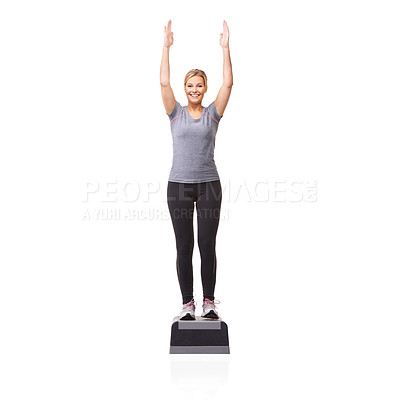 Buy stock photo Portrait, aerobics and woman with balance, fitness and model isolated on a white studio background. Person, mockup space and girl with training, wellness and energy with cardio, workout and happy
